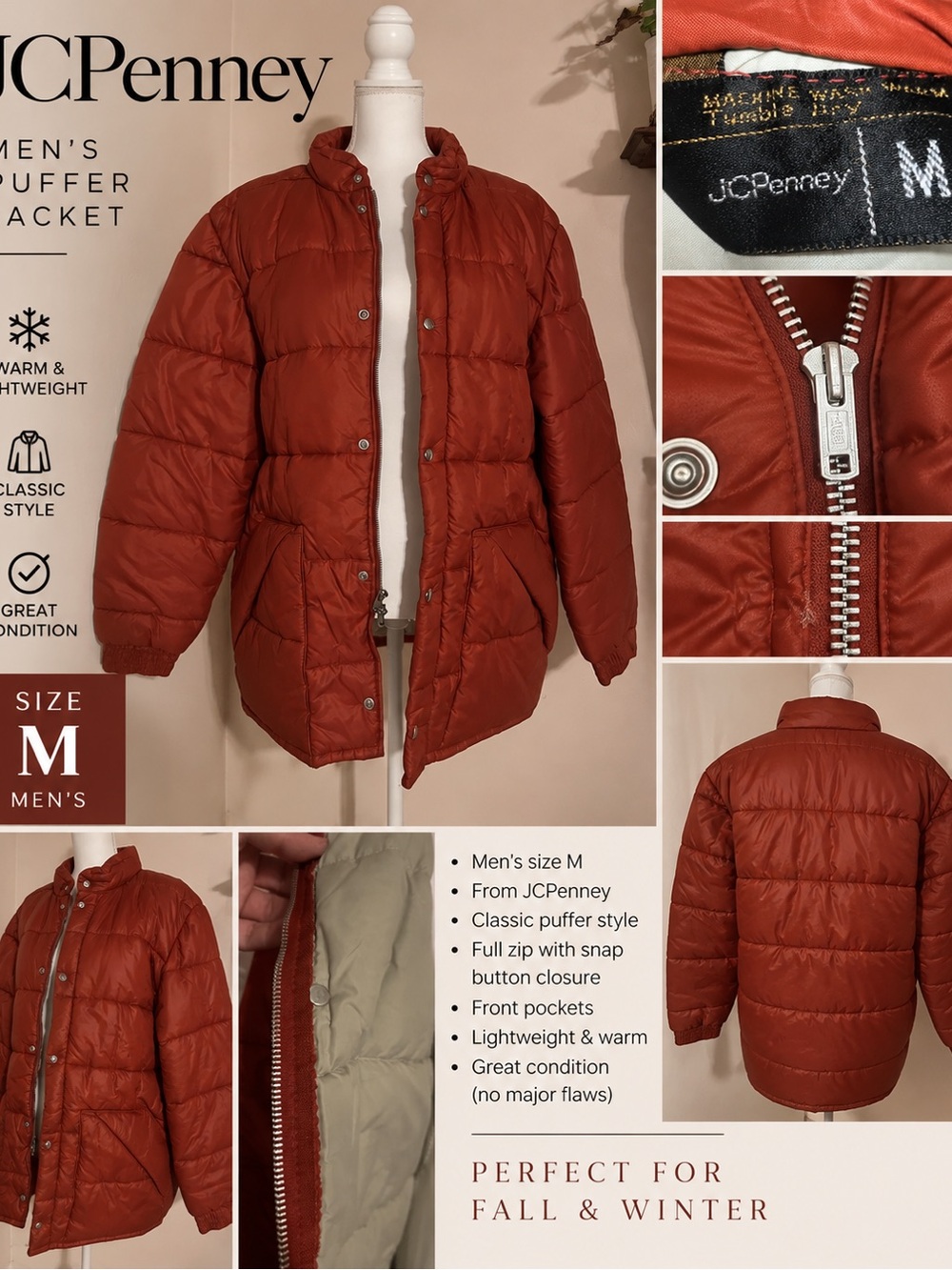 Vintage JCPenney Men’s Puffer Jacket Size M – Rust/Burnt Orange